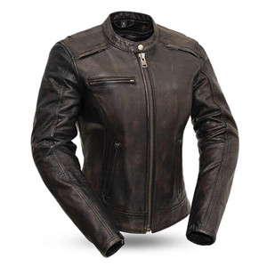 First Classics distressed ladies leather motorcycle jacket front view with full zip closure and concealed carry pocket First Classics distressed ladies leather motorcycle jacket front view with full zip closure and concealed carry pocket