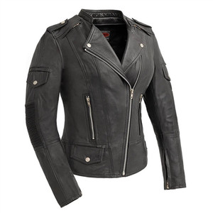 First MFG Tantrum ladies black leather motorcycle jacket front view, full zip closure, streamlined collar First MFG Tantrum ladies black leather motorcycle jacket front view, full zip closure, streamlined collar