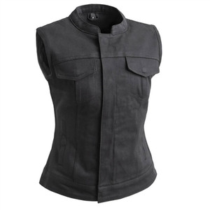 First MFG Women's black denim motorcycle vest front view featuring zipper and snap closure First MFG Women's black denim motorcycle vest front view featuring zipper and snap closure