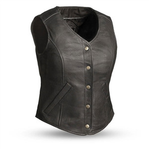 First Manufacturing Derringer Women's Leather Motorcycle Vest in black with five snap front and V-neck design First Manufacturing Derringer Women's Leather Motorcycle Vest in black with five snap front and V-neck design
