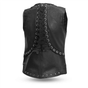 First MFG Empress Women's Leather Motorcycle Vest – V-Neck Design with Center Zipper and Chrome Studs First MFG Empress Women's Leather Motorcycle Vest – V-Neck Design with Center Zipper and Chrome Studs