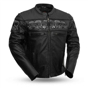 Men's Reflective Skulls Leather Motorcycle Jacket by First MFG Co., featuring bold skull graphics and premium cowhide Men's Reflective Skulls Leather Motorcycle Jacket by First MFG Co., featuring bold skull graphics and premium cowhide