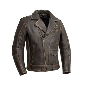 First MFG Vintage Brown Leather Motorcycle Jacket with distressed finish and classic biker design First MFG Vintage Brown Leather Motorcycle Jacket with distressed finish and classic biker design