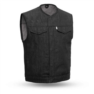 First Manufacturing Collarless Black Raw Denim Motorcycle Vest with snap front and concealed carry pockets First Manufacturing Collarless Black Raw Denim Motorcycle Vest with snap front and concealed carry pockets