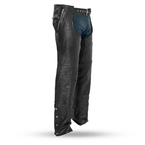First MFG thermal leather motorcycle chaps with snap-out liner and zippered pockets First MFG thermal leather motorcycle chaps with snap-out liner and zippered pockets