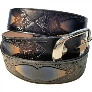 Leather Belt Removable Buckle: Blue Fancy Tooled Design Leather Belt Removable Buckle: Blue Fancy Tooled Design