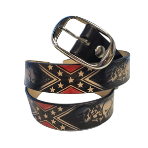 Genuine leather belt featuring Rebel flag and skulls embossing – made in the USA Genuine leather belt featuring Rebel flag and skulls embossing – made in the USA