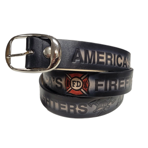 America’s Firefighters embossed leather belt handcrafted in USA with fire gear motifs and removable buckle America’s Firefighters embossed leather belt handcrafted in USA with fire gear motifs and removable buckle