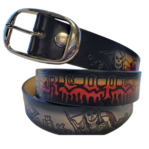 Grim Reaper skull embossed leather belt handcrafted in USA with removable buckle Grim Reaper skull embossed leather belt handcrafted in USA with removable buckle