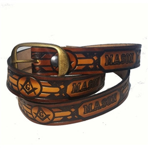 USA-made genuine cowhide leather belt embossed with Masonic symbols – snap-off buckle USA-made genuine cowhide leather belt embossed with Masonic symbols – snap-off buckle