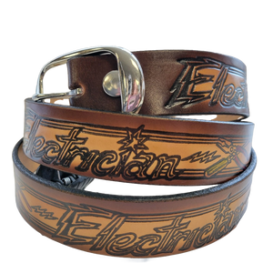 USA-made full-grain cowhide leather belt embossed with electrician tools – snap-off buckle USA-made full-grain cowhide leather belt embossed with electrician tools – snap-off buckle
