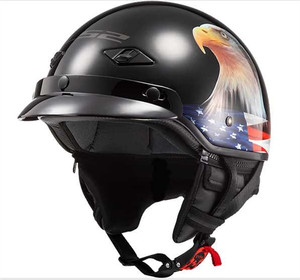 LS2 Merica Bagger Eagle half motorcycle helmet featuring high-performance fiberglass composite shell, removable 3-snap peak visor, and holographic American eagle graphic, DOT FMVSS 218 certified LS2 Merica Bagger Eagle half motorcycle helmet featuring high-performance fiberglass composite shell, removable 3-snap peak visor, and holographic American eagle graphic, DOT FMVSS 218 certified