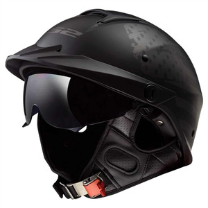 LS2 Rebellion half motorcycle helmet featuring matte black finish, built-in two-stage drop-down sunshield, Kinetic Polymer Alloy shell, and removable peak visor, DOT certified LS2 Rebellion half motorcycle helmet featuring matte black finish, built-in two-stage drop-down sunshield, Kinetic Polymer Alloy shell, and removable peak visor, DOT certified
