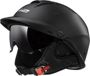 LS2 Rebellion half motorcycle helmet in matte black with built-in two-stage drop-down sunshield, Kinetic Polymer Alloy shell, and removable peak