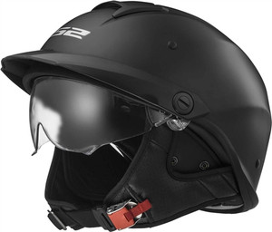 LS2 Rebellion half motorcycle helmet in matte black with built-in two-stage drop-down sunshield, Kinetic Polymer Alloy shell, and removable peak LS2 Rebellion half motorcycle helmet in matte black with built-in two-stage drop-down sunshield, Kinetic Polymer Alloy shell, and removable peak