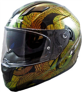 LS2 Snake Bite full face motorcycle helmet featuring metallic snake graphic in chameleon finish, aerodynamic HPTT shell, and built-in drop-down sun shield LS2 Snake Bite full face motorcycle helmet featuring metallic snake graphic in chameleon finish, aerodynamic HPTT shell, and built-in drop-down sun shield