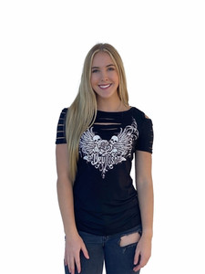 Liberty Wear Devilish Rose Ladies Bling Shirt with Rhinestone Skull and Rose Graphic Liberty Wear Devilish Rose Ladies Bling Shirt with Rhinestone Skull and Rose Graphic