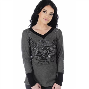 Women's Speed Master Thermal Biker Shirt by Liberty Wear in charcoal gray, featuring rhinestone motorcycle graphic, long sleeves, and waffle-knit texture Women's Speed Master Thermal Biker Shirt by Liberty Wear in charcoal gray, featuring rhinestone motorcycle graphic, long sleeves, and waffle-knit texture
