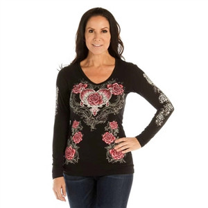 Liberty Wear Pink Rose Heart V-Neck Bling Shirt with Rhinestone Accents Liberty Wear Pink Rose Heart V-Neck Bling Shirt with Rhinestone Accents