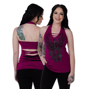 Liberty Wear Magenta Skull & Dagger Bling Halter with Rhinestone Accents Liberty Wear Magenta Skull & Dagger Bling Halter with Rhinestone Accents