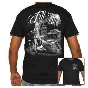 Men's Biker T-Shirts: Motorcycle Babe Fill'er Up, Black & White Men's Biker T-Shirts: Motorcycle Babe Fill'er Up, Black & White