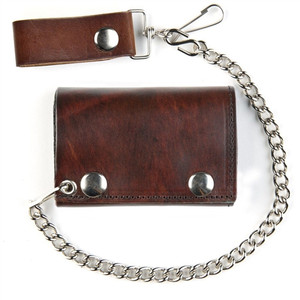 Antique Brown Leather Chain Wallets: Bikers Tri-Fold Antique Brown Leather Chain Wallets: Bikers Tri-Fold