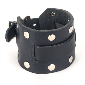 USA-made studded black leather wide watch band with silver dome studs and adjustable buckle USA-made studded black leather wide watch band with silver dome studs and adjustable buckle