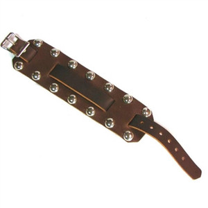 USA-made studded brown leather wide watch band with silver dome studs and adjustable buckle USA-made studded brown leather wide watch band with silver dome studs and adjustable buckle