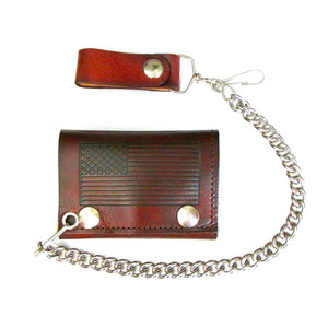 Antique Brown Leather Motorcycle Wallet w/ Chain: USA Flag Tri-Fold Antique Brown Leather Motorcycle Wallet w/ Chain: USA Flag Tri-Fold