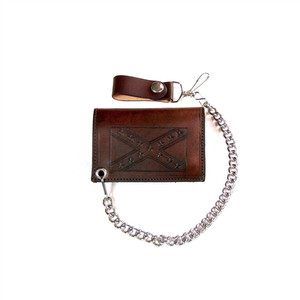 Antique Brown Leather Chain Wallet: Confederate Flag Tri-Fold Antique Brown Leather Chain Wallet: Confederate Flag Tri-Fold