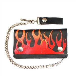 USA-made 6-inch black leather biker chain wallet with red flame design, snap closure, and detachable 12-inch chain USA-made 6-inch black leather biker chain wallet with red flame design, snap closure, and detachable 12-inch chain
