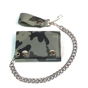Camo Print Leather Biker Chain Wallet: Tri-Fold, Gray & Black Camo Print Leather Biker Chain Wallet: Tri-Fold, Gray & Black