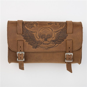 Leather Brown Motorcycle Tool Bag, Embossed Skull & Wings Leather Brown Motorcycle Tool Bag, Embossed Skull & Wings