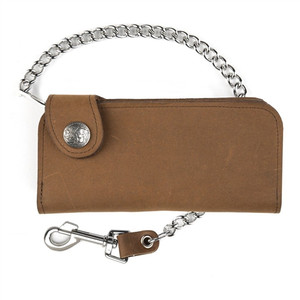 Distressed Brown Leather Biker Wallet w/ Chain, Buffalo Nickel Snap 7'' Bi-Fold Distressed Brown Leather Biker Wallet w/ Chain, Buffalo Nickel Snap 7'' Bi-Fold