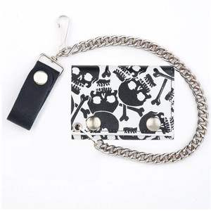 Tri Fold Skull Leather Chain Wallet, USA Made Cowhide Tri Fold Skull Leather Chain Wallet, USA Made Cowhide