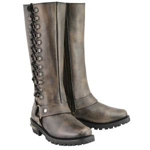 Milwaukee Leather distressed brown harness motorcycle boots with square toe and harness strap detail