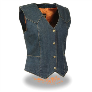 Milwaukee Leather women's blue denim motorcycle vest front view Milwaukee Leather women's blue denim motorcycle vest front view