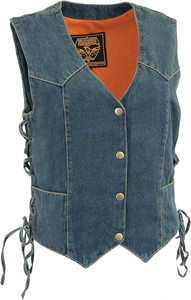 Milwaukee Leather women's blue denim motorcycle vest – four-snap front closure, and side lace for adjustable fit Milwaukee Leather women's blue denim motorcycle vest – four-snap front closure, and side lace for adjustable fit