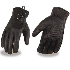 Milwaukee Leather women's black leather moto gloves with lace-up wrist detailing and touchscreen-compatible fingers Milwaukee Leather women's black leather moto gloves with lace-up wrist detailing and touchscreen-compatible fingers