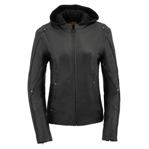 Milwaukee Leather women's black motorcycle jacket with removable hoodie and concealed carry pockets Milwaukee Leather women's black motorcycle jacket with removable hoodie and concealed carry pockets