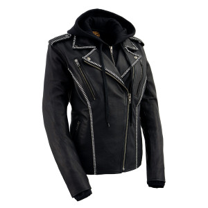 Milwaukee Leather ladies rhinestone studded motorcycle jacket in black cowhide with hoodie and subtle sparkle