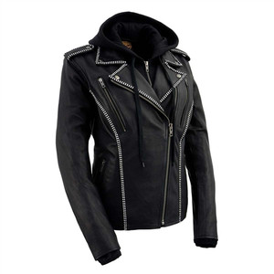 Milwaukee Leather ladies rhinestone studded motorcycle jacket in black cowhide with hoodie and subtle sparkle Milwaukee Leather ladies rhinestone studded motorcycle jacket in black cowhide with hoodie and subtle sparkle