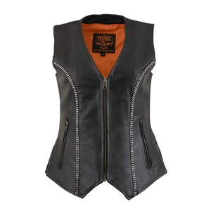 Milwaukee Leather women's black rhinestone motorcycle vest – front view showcasing premium cowhide with rhinestone accents and front zipper closure