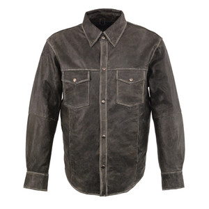 Milwaukee Leather Men's Distressed Gray Leather Motorcycle Shirt with Snap-Down Collar Milwaukee Leather Men's Distressed Gray Leather Motorcycle Shirt with Snap-Down Collar