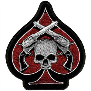 Skull Pistols Ace Biker Patch by Hot Leathers – motorcycle vest patch with skull, crossed pistols, and red ace design Skull Pistols Ace Biker Patch by Hot Leathers – motorcycle vest patch with skull, crossed pistols, and red ace design