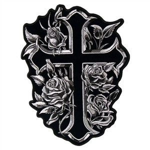 Hot Leathers Black Cross & Roses Biker Patch with embroidered cross and gray roses Hot Leathers Black Cross & Roses Biker Patch with embroidered cross and gray roses