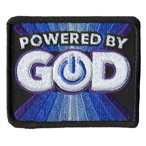 3×3 inch "Powered by God" biker patch – bold white text on purple and blue background 3×3 inch "Powered by God" biker patch – bold white text on purple and blue background