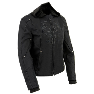 Milwaukee women's textile motorcycle jacket with removable hoodie – showcasing reflective tribal design Milwaukee women's textile motorcycle jacket with removable hoodie – showcasing reflective tribal design