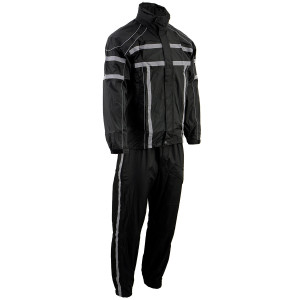 Reflective Black Nylon Motorcycle Rain Gear Suit with reflective chest, arms, and back stripes Reflective Black Nylon Motorcycle Rain Gear Suit with reflective chest, arms, and back stripes