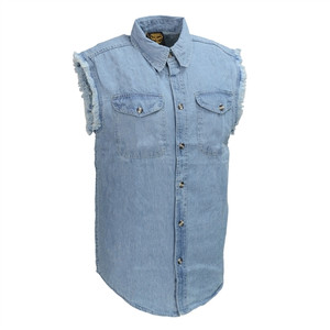 Milwaukee Leather Men's Blue Denim Motorcycle Cut-Off Shirt with frayed sleeves and button-down front Milwaukee Leather Men's Blue Denim Motorcycle Cut-Off Shirt with frayed sleeves and button-down front